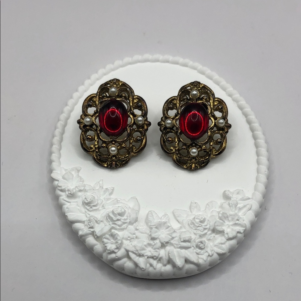 Vintage Baroque Victorian Revival Costume Statement Dressy Earrings Antique Look - Picture 1 of 10